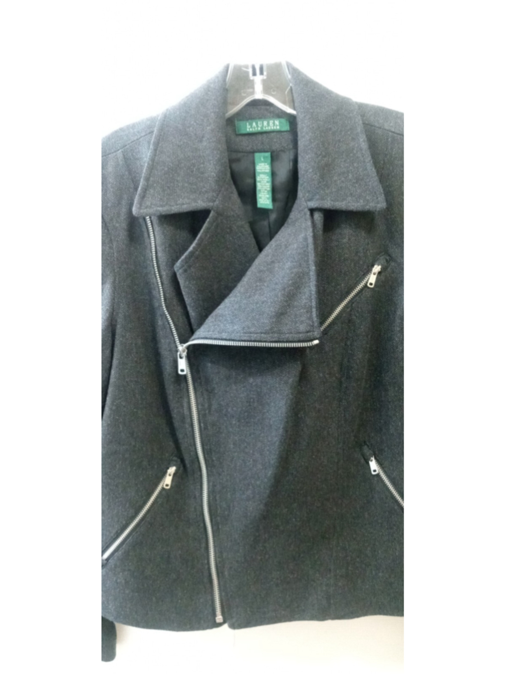 Lauren Ralph Lauren Wool Blend Asymmetrical Moto Jacket Gray Sz L Womens Preppy